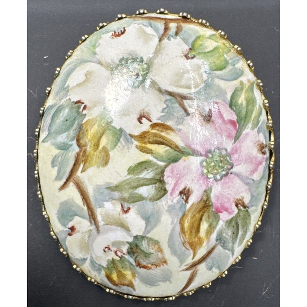 Vintage Hand Painted Porcelain Rose Brooch Oval Floral Pin Victorian Style